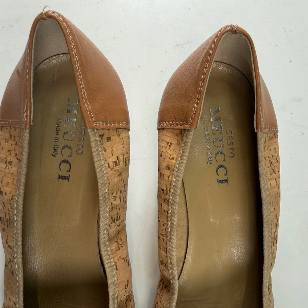 Sesto Meucci Cork Wedge Pumps Tan Leather‎ Cap Toe Made In Italy Women's Size 9
